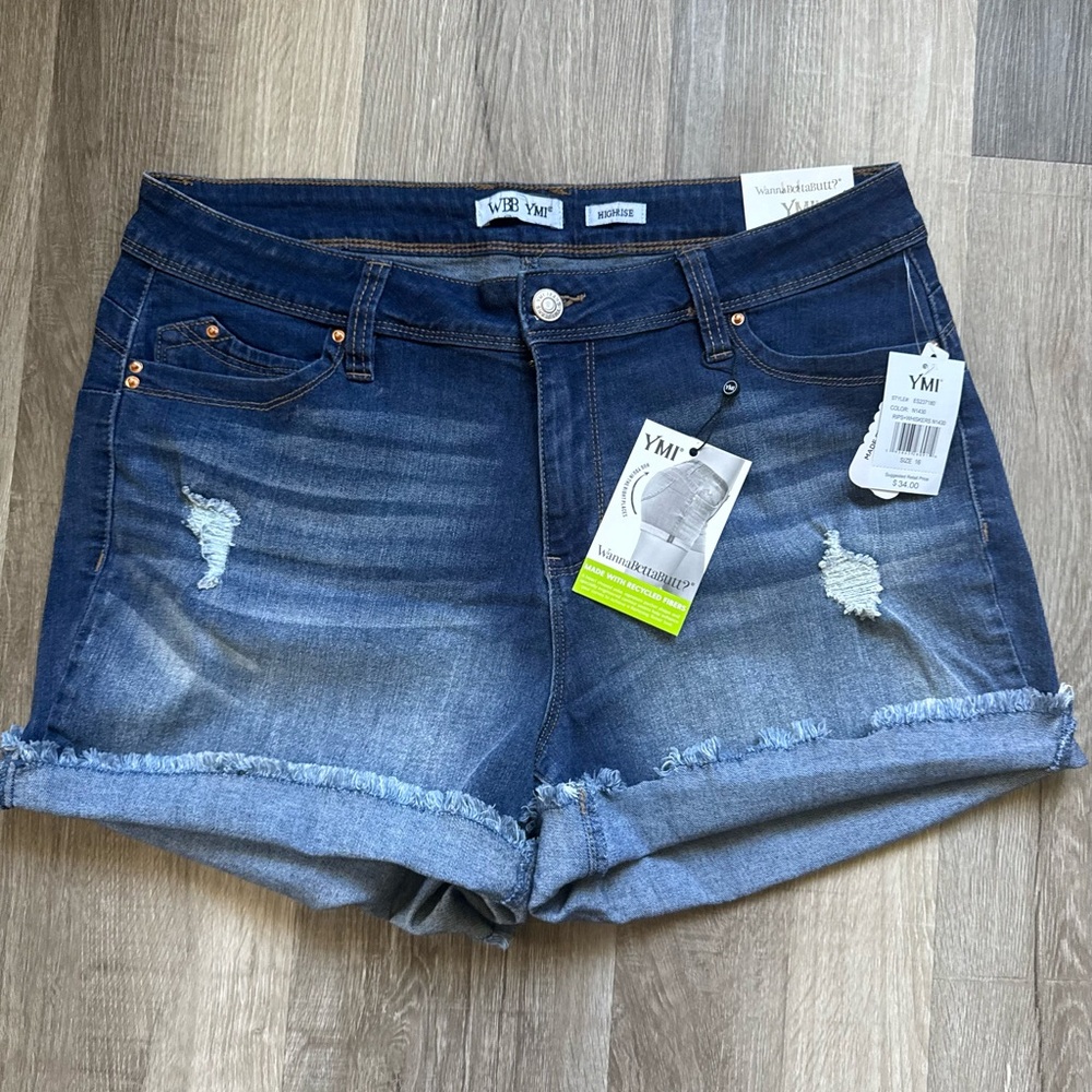 YMI Dark Blue Distressed Rolled Hem Denim Shorts